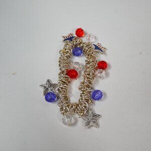 Patriotic Silver Charm Bracelet With Red White & Blue Beads & Stars